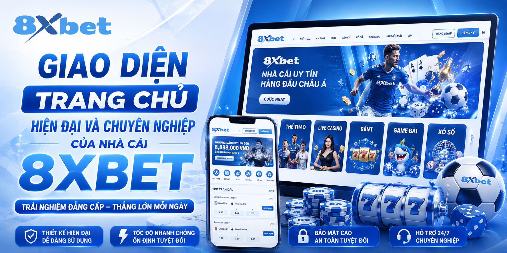 Giao diện trang chủ hiện đại và chuyên nghiệp của nhà cái 8XBET